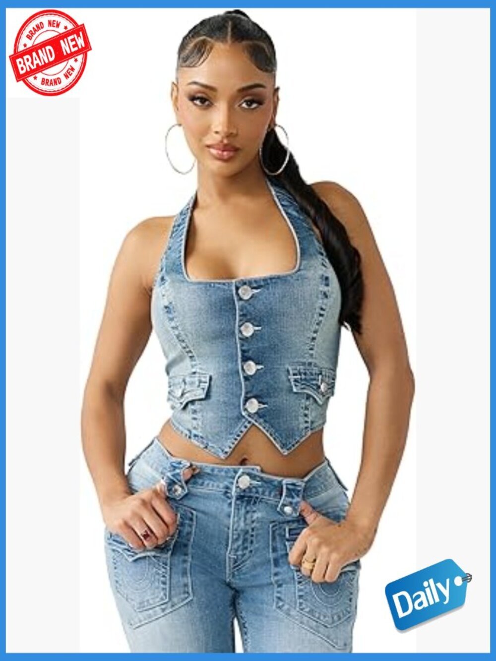 Denim Scoop Neck Vest - Cropped Corset-Style Top with Copper Hardware